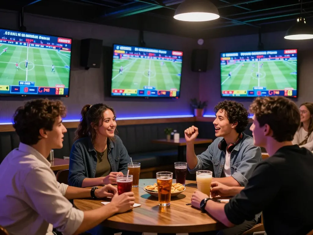 FABET enthusiasts cheering for their favorite teams, enjoying a thrilling sports betting experience with friends