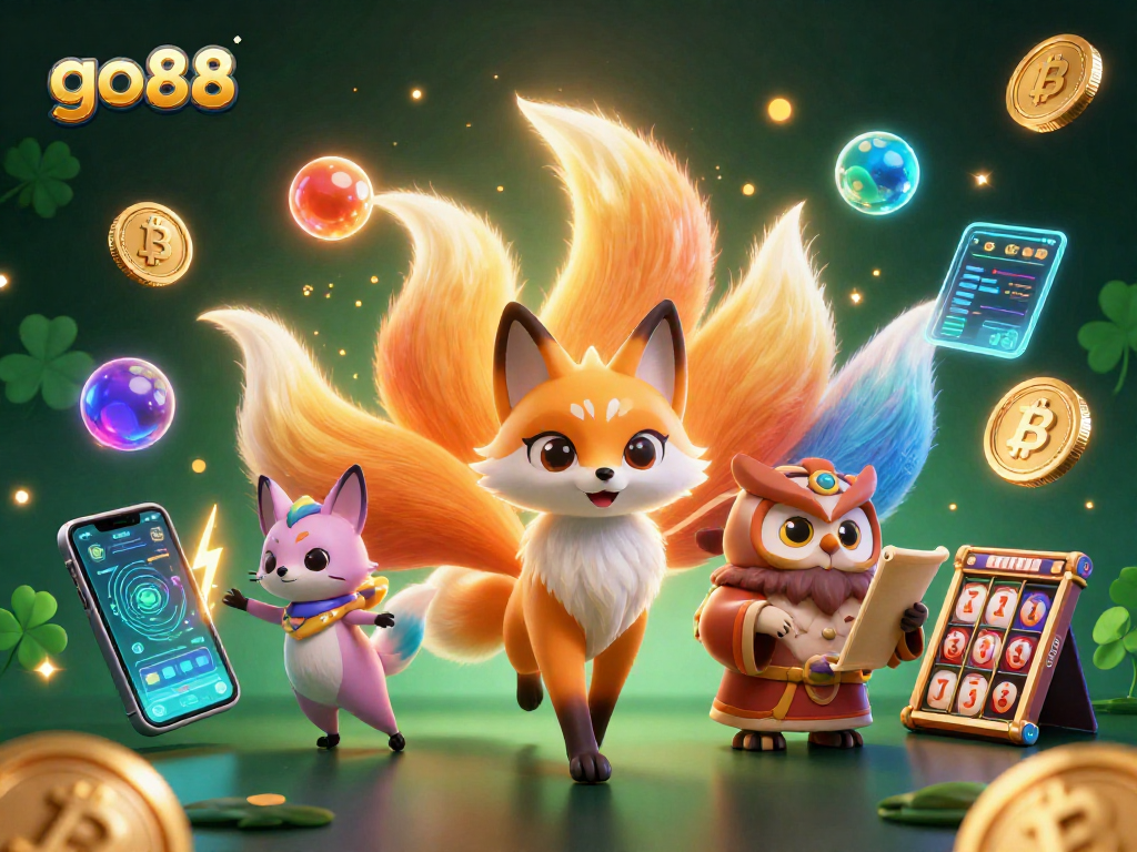 Engage in thrilling jackpot excitement with go 88's colorful fantasy scene featuring a nine-tailed fox and crypto elements.