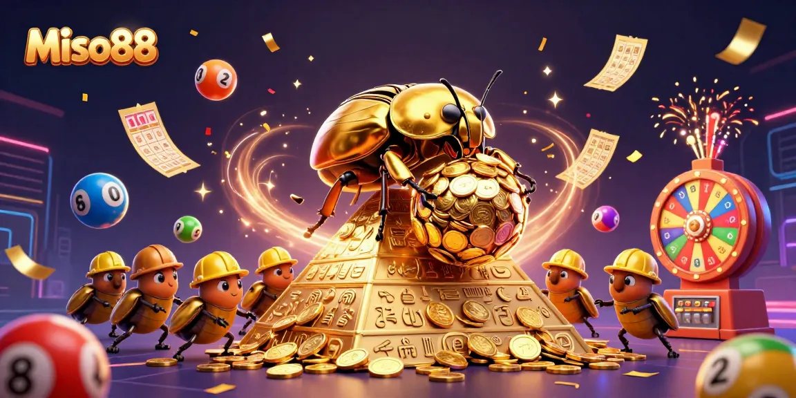 Experience the vibrant thrill of Miso88 with colorful lottery elements and gold coins in this dynamic casino scene.