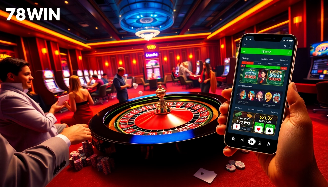 Exciting gambling action at 78WIN featuring roulette, poker, and slot machines in a luxurious setting.