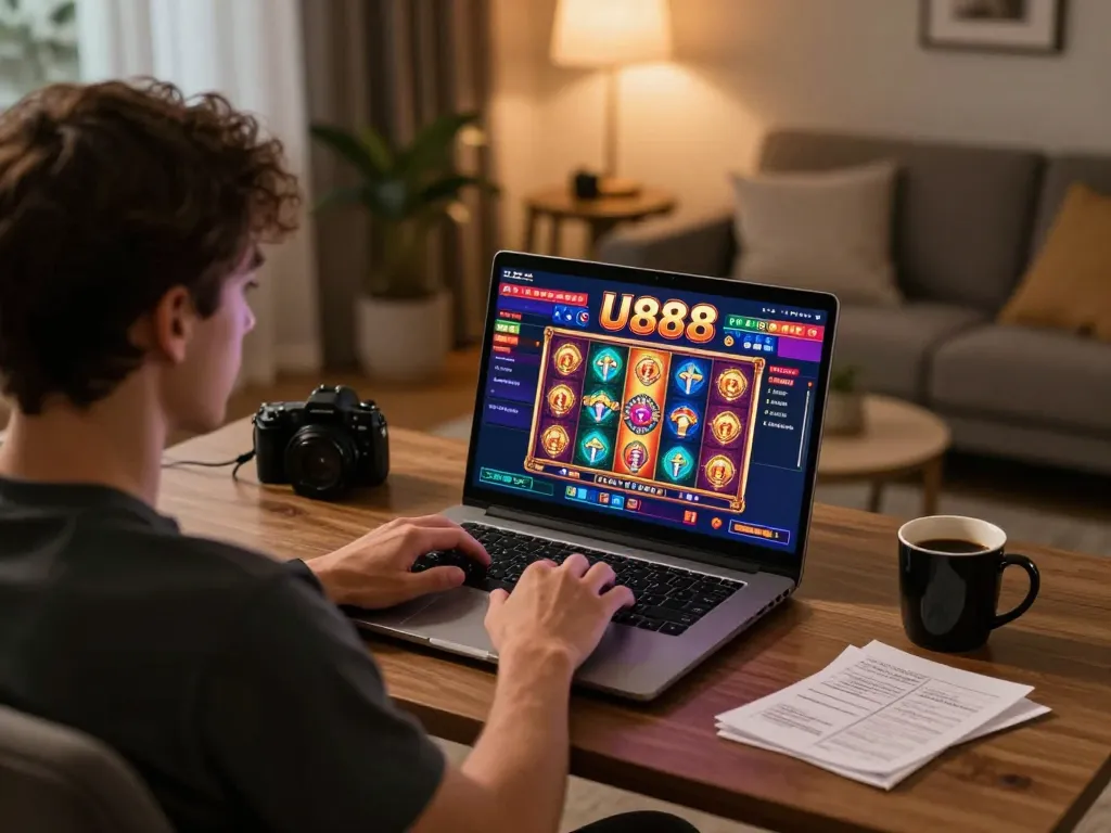 Engaging in online slots on U888 with vibrant graphics and strategy notes.