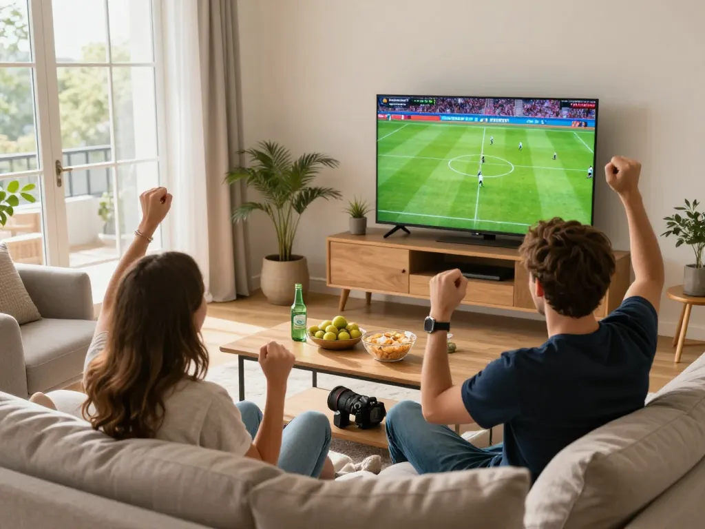 Spectators enjoying a thrilling soccer match on socolive2 with friends in a cozy living room setting.