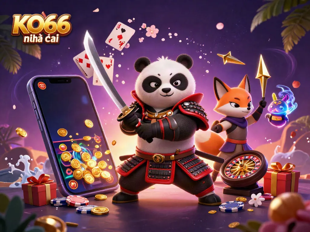 Engage with KO66 nhà cái through an exciting casino adventure featuring samurai panda and ninja fox amidst dynamic game elements.