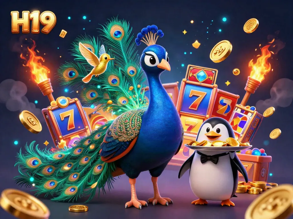 Experience thrilling gaming with H19's vibrant slot reels and characters in an engaging casino scene.