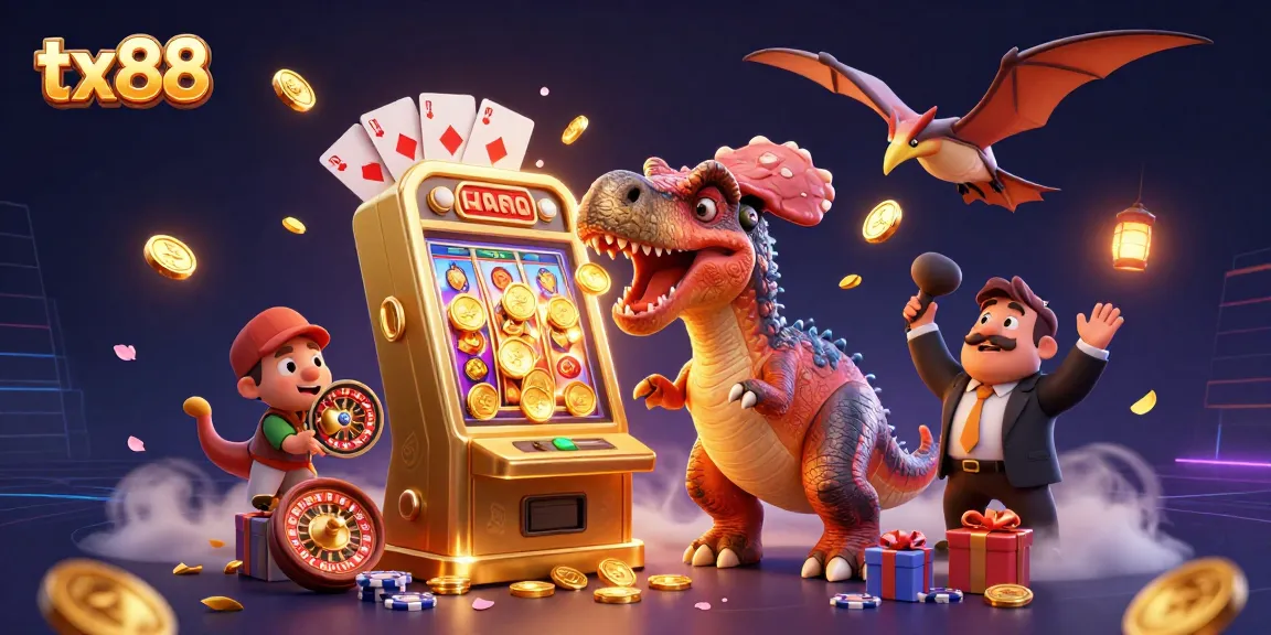 tx88 jackpot scene with a dinosaur winning at slots, colorful coins flying through the air