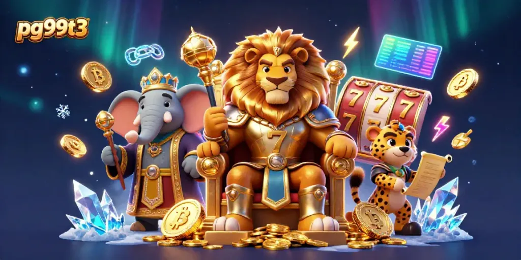 Experience thrilling gameplay at pg99t3 with the majestic lion king in a vibrant 3D casino scene.