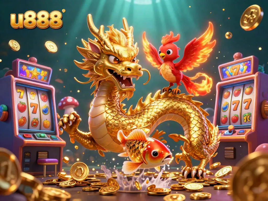 Experience the thrill of u888 with a captivating dragon, phoenix, and koi fish amidst slot machines.