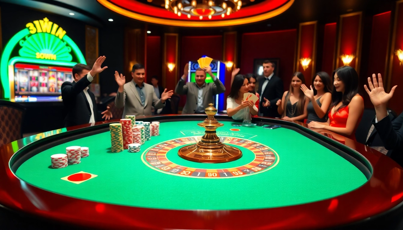 Players celebrating a win in the exciting 3win game at a luxurious casino.