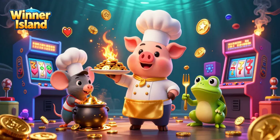 Experience the thrill of gaming at Winner Island with vibrant golden coins and engaging characters.