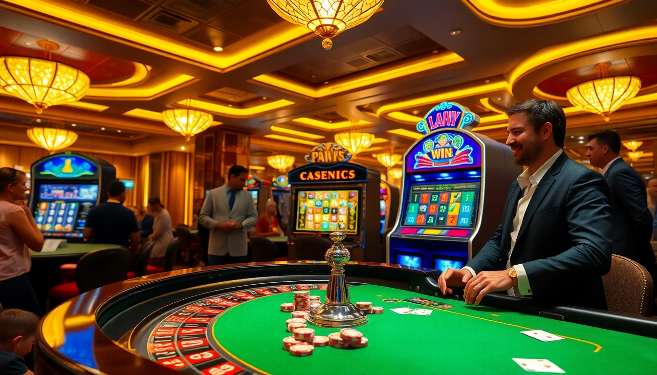 Experience a lucky win at a luxurious casino table with vibrant roulette and slot machines.