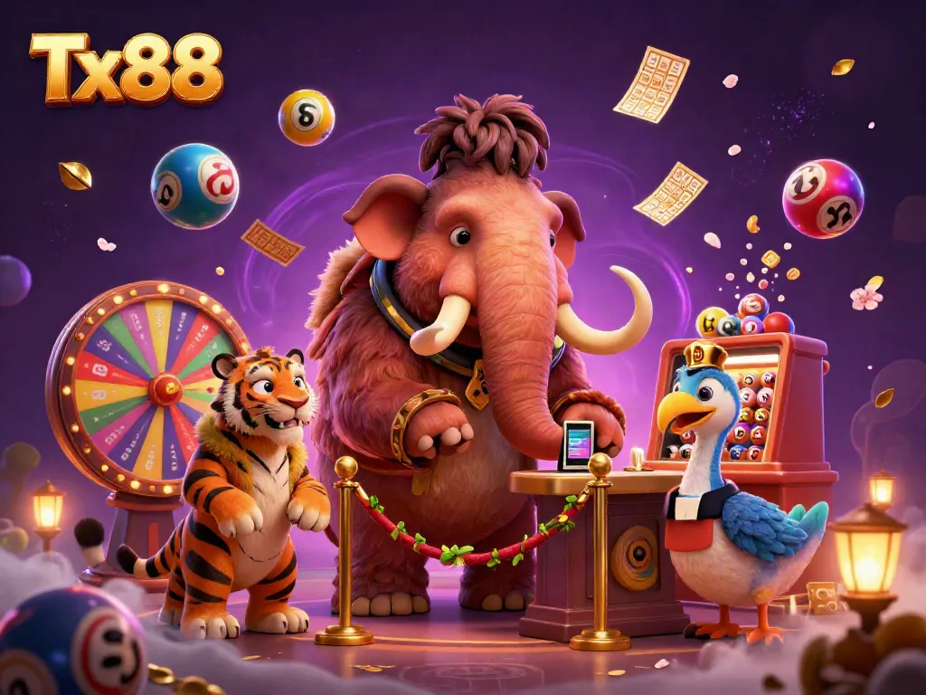 Experience the excitement at Tx88 with a vibrant illustration of a casino scene featuring unique characters and dynamic elements.