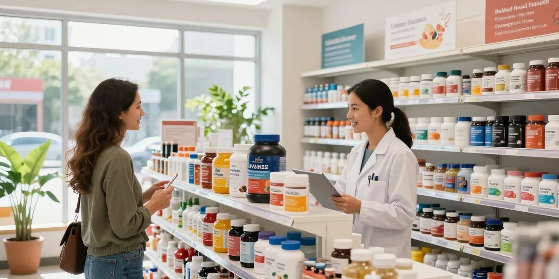 Klanten in de Unique Pharma Shop bekijken supplementen en gezondheidsproducten in een moderne apotheek.