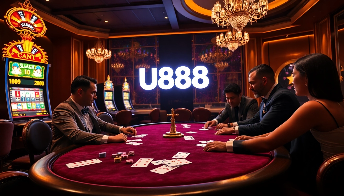 Experience the thrill of high-stakes poker at U888 casino, with vibrant lights and luxurious atmosphere.