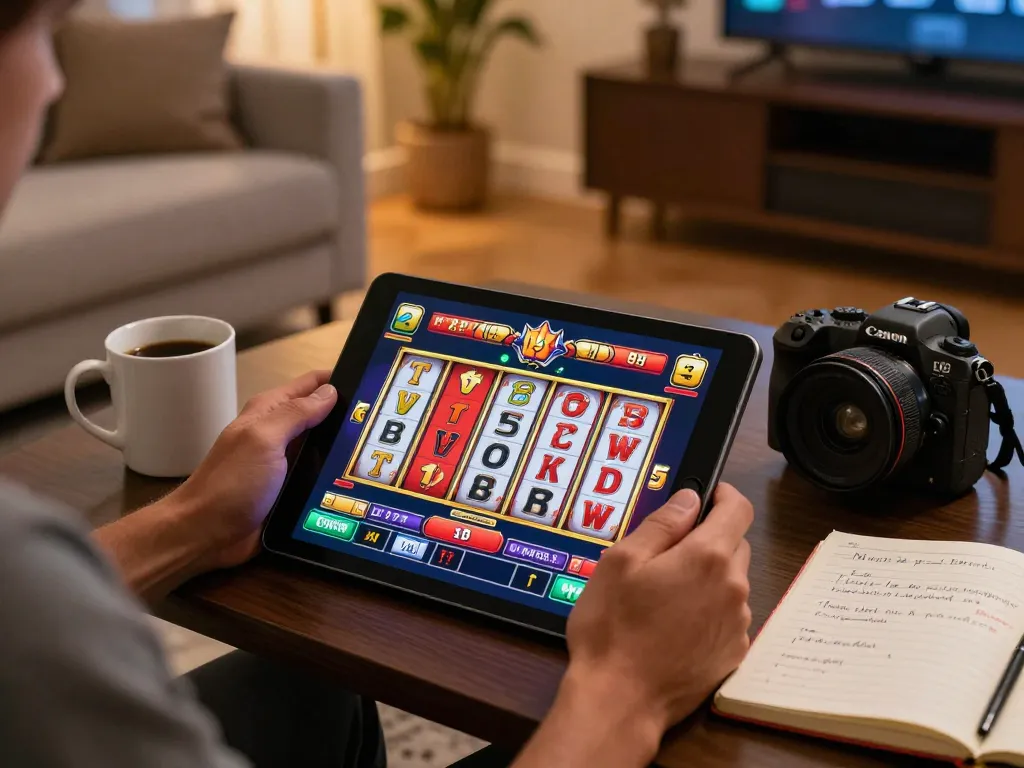 Engaging in slot gameplay on 8kbet com with vibrant reels and cozy home setup