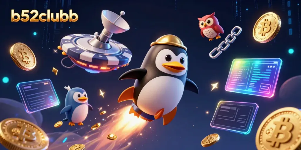 Experience thrilling gameplay with b52clubb as a golden penguin rockets toward a poker chip casino.