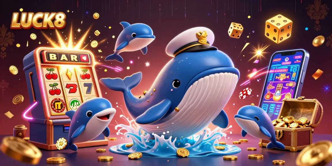 Win big with LUCK8 as a vibrant whale and dolphins celebrate in a casino-themed ocean of riches.
