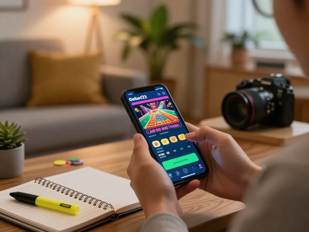 Player enjoying debet23 mobile app for casino gaming in a cozy home setting with strategic notes