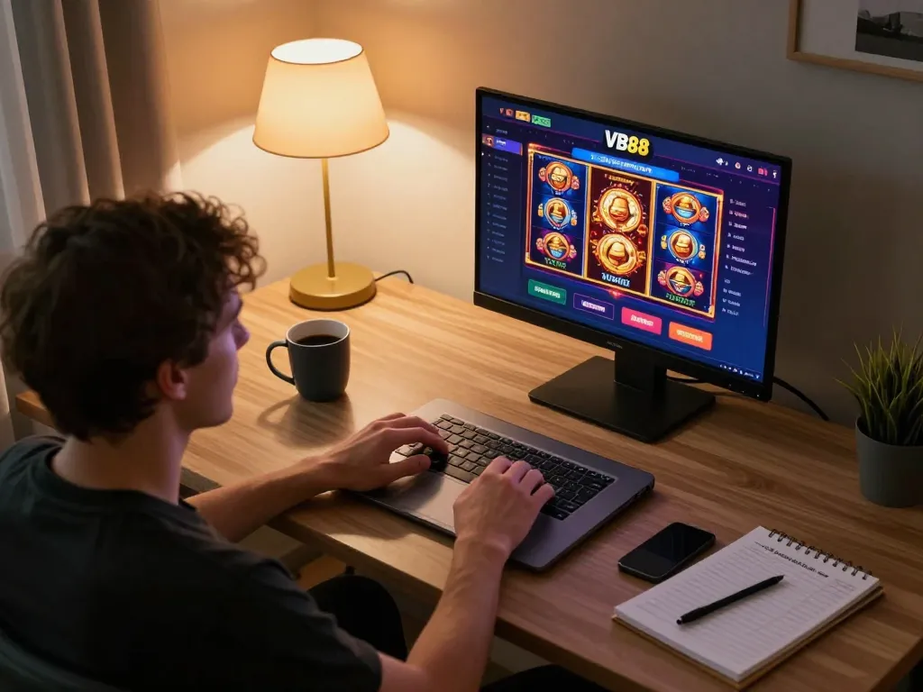 Player enjoying the immersive online casino experience on VB88 platform from a cozy home office