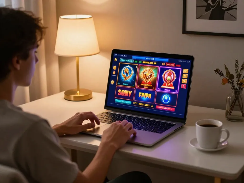 Engaged player enjoying online slots at nhà cái UU88 on sleek home setup, showcasing gaming excitement.