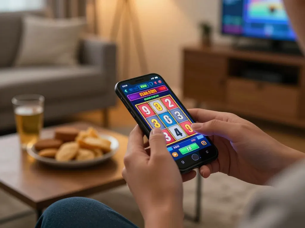 Hitclub mobile gaming experience with user poised to spin slots on a smartphone in a cozy home setting