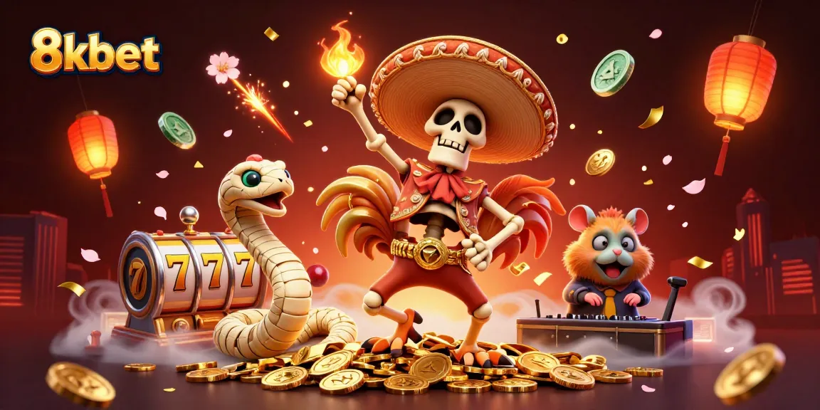 Engage in excitement with 8kbet's vibrant casino scene featuring a dancing skeleton and thrilling elements.