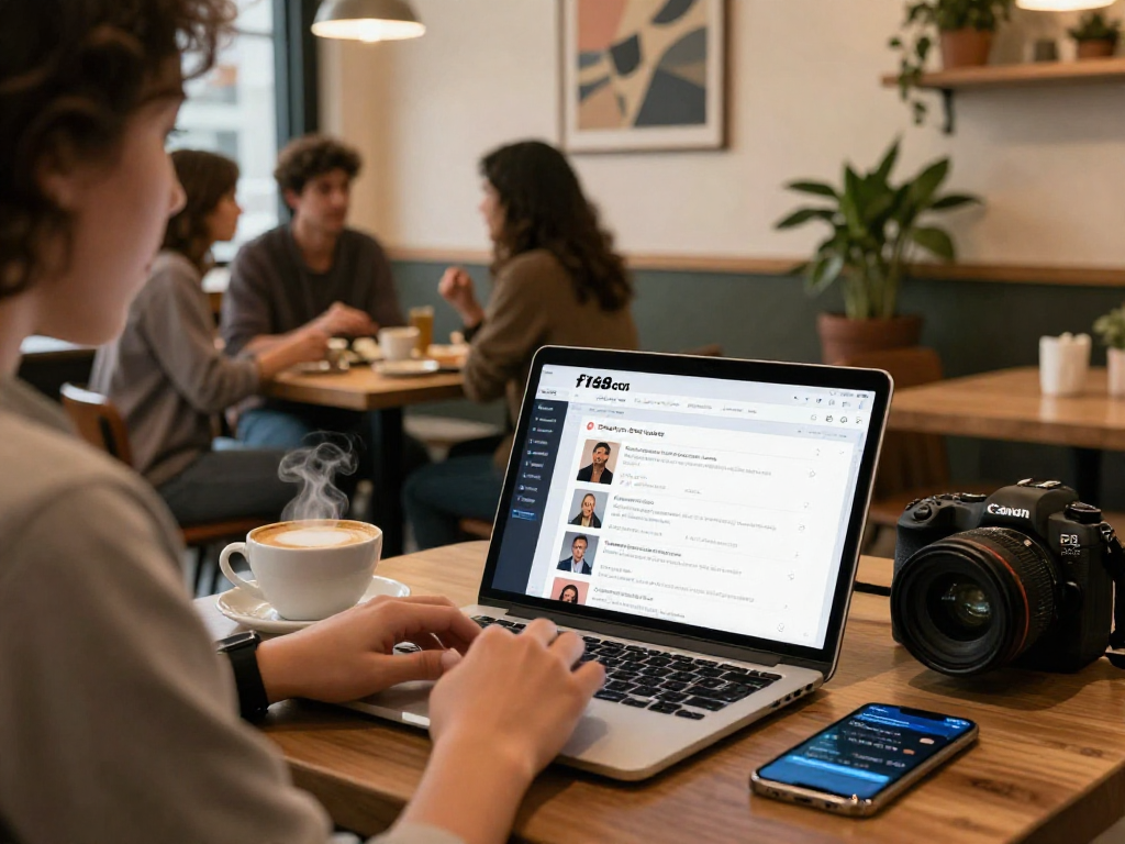 User engaging with f168 com dating platform on tablet in a cozy coffee shop setting, illustrating online dating experience.