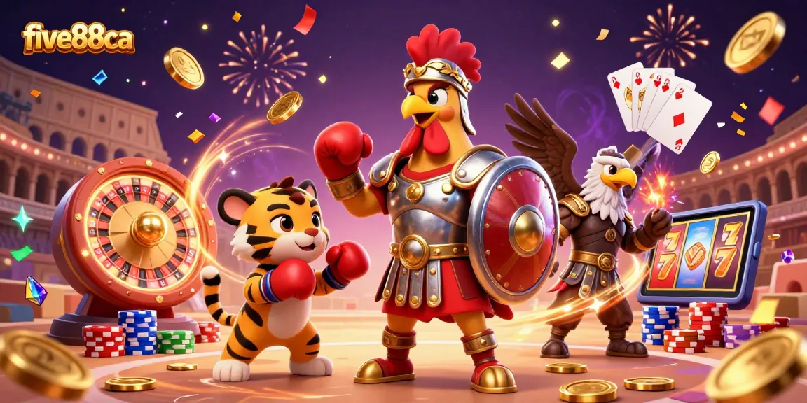 Experience the thrill of five88ca with a vibrant 3D scene featuring a rooster warrior and treasures.