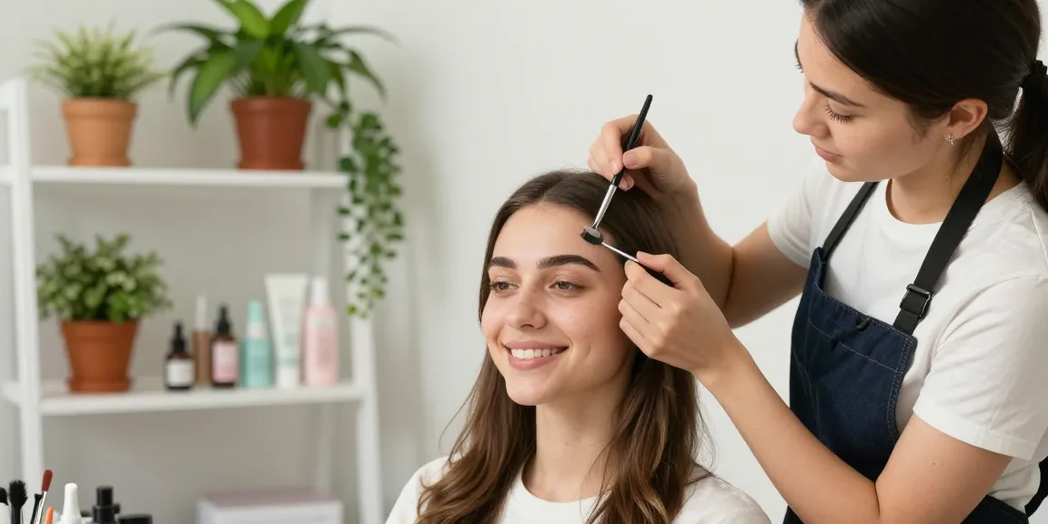 Vrouwen brengen poederwenkbrauwen aan in een helder beautystudio, waardoor natuurlijke schoonheid wordt verbeterd.