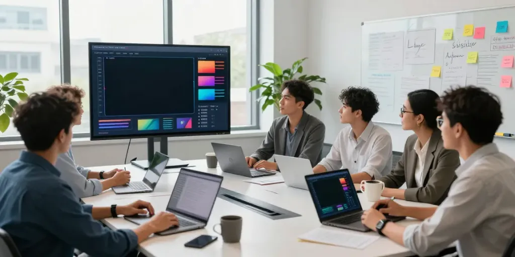 A vibrant marketing agency team collaborating on AI visibility tools for agencies, seated at a conference table with screens displaying analytics.