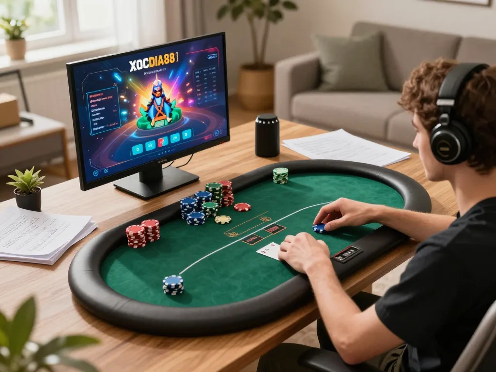 Engaging gameplay on XOCDIA88, showing players placing bets at a digital poker table from the comfort of home.
