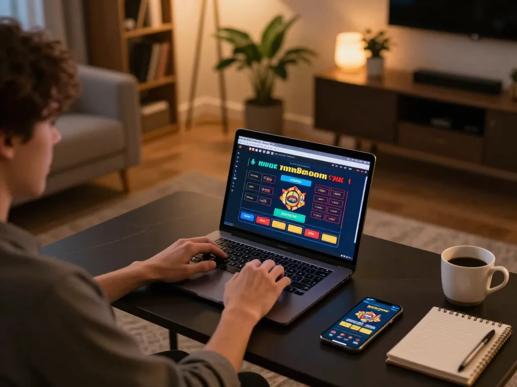 Playing online casino games on mm88 com at home, featuring a laptop, mobile device, and strategy notes.