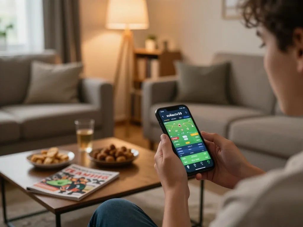 Engaging in sports betting with a smartphone on xoilactv39 app in a cozy living room.