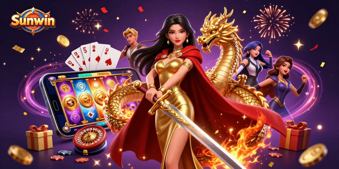 Sunwin brand showcasing vibrant online casino gameplay with a queen warrior and golden dragon.