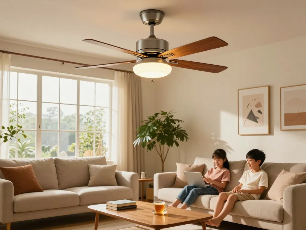 Heldere licht ventilator die een gezellige woonkamer verlicht waar een gezin samen tijd doorbrengt.