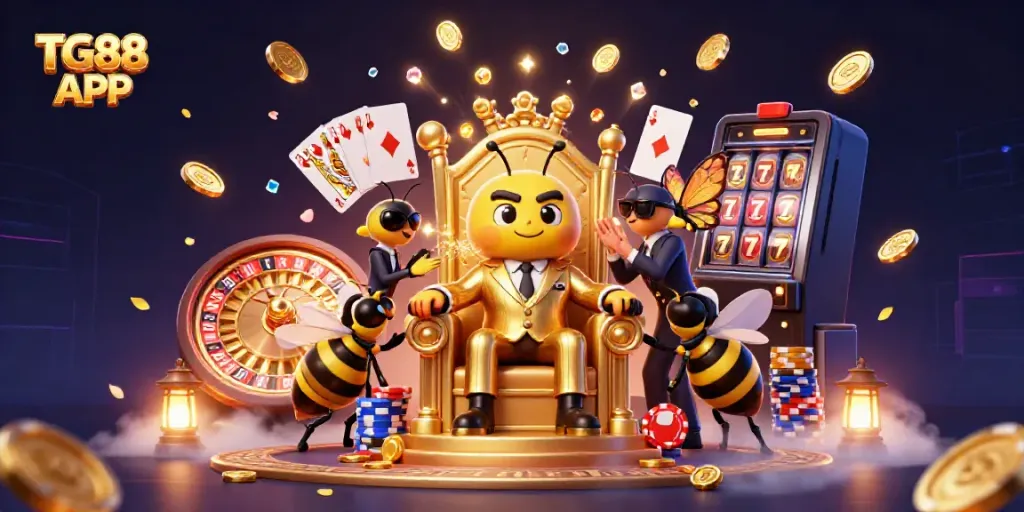 Engage with the TG88 APP in a vibrant casino scene featuring a bumblebee mob boss and lavish game elements.