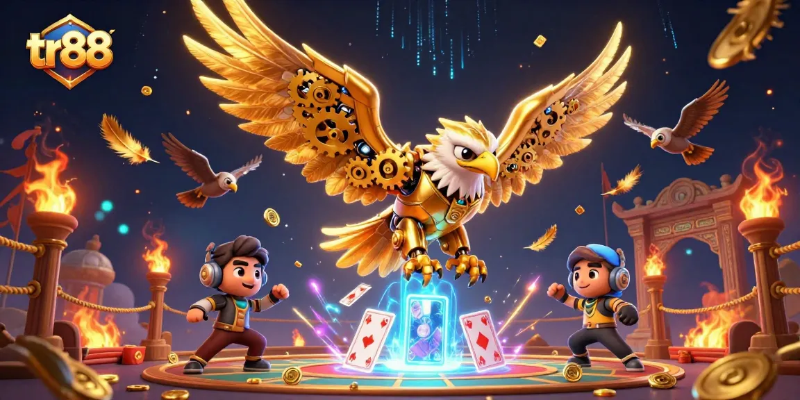 Experience dynamic gameplay at tr88 with a powerful eagle soaring over holographic cards in a vibrant casino setting.
