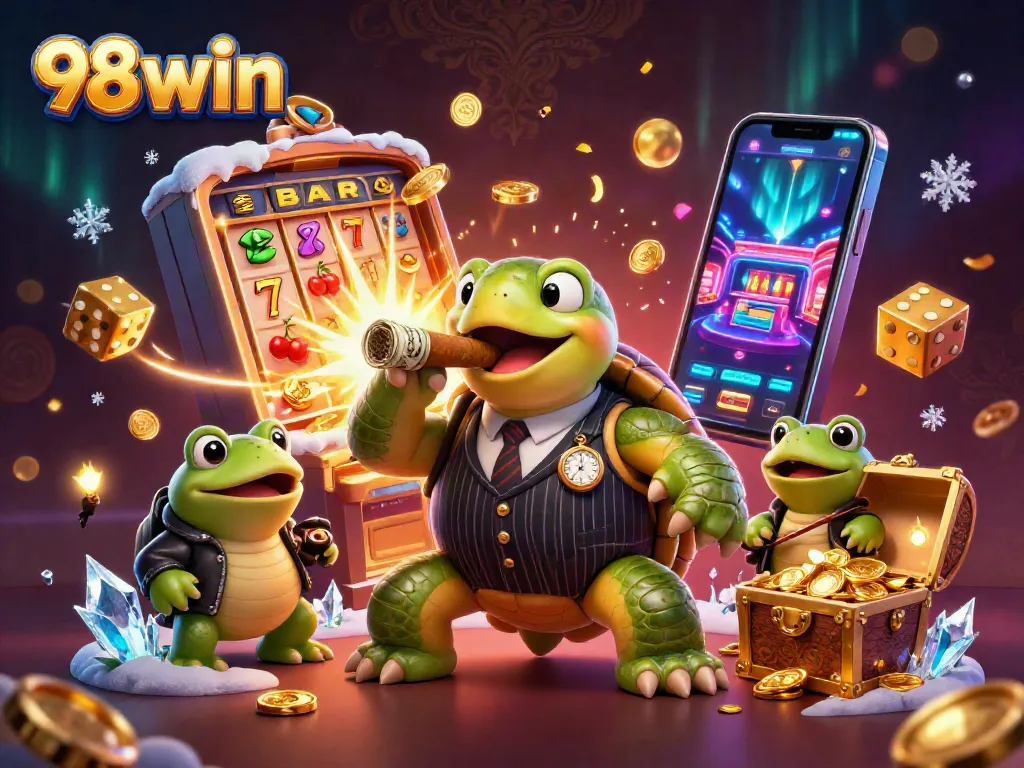 Engaging illustration of 98win showcasing vibrant casino fun with characters, slot machines, and a festive atmosphere.