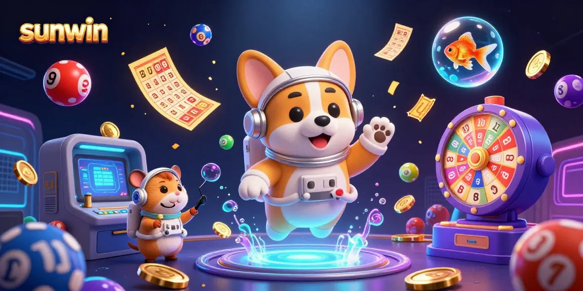Sunwin lottery excitement with a 3D cartoon astronaut corgi, floating winnings, and vibrant lottery elements.