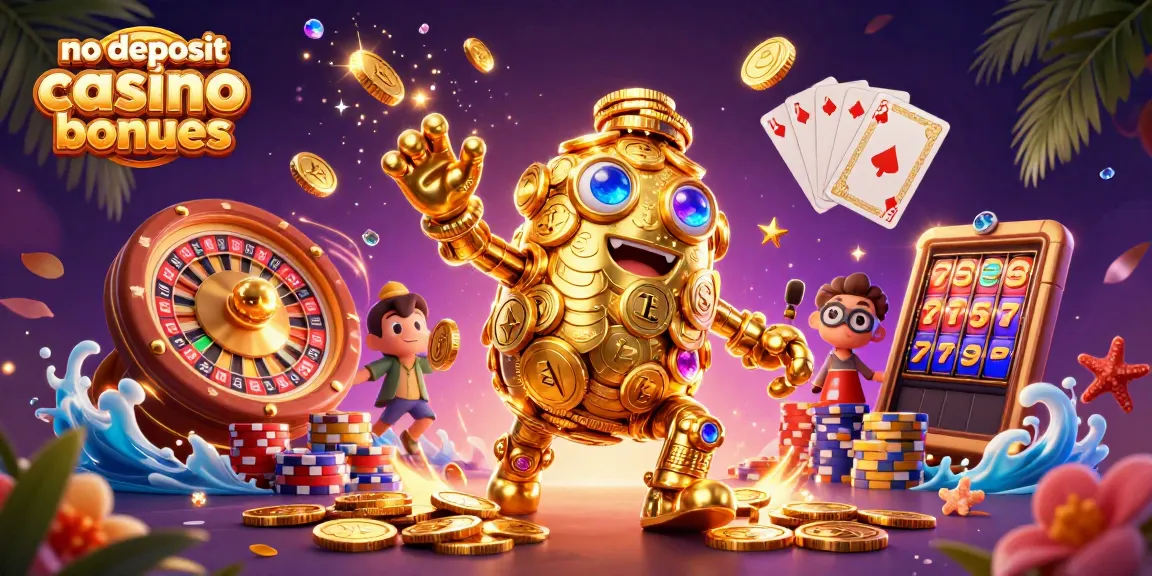 No deposit casino bonuses showcased with a golden golem and casino elements in a dynamic scene.