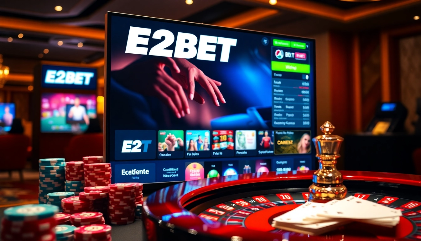 E2BET gaming scene with vibrant online interface showcasing poker chips and a spinning roulette wheel.