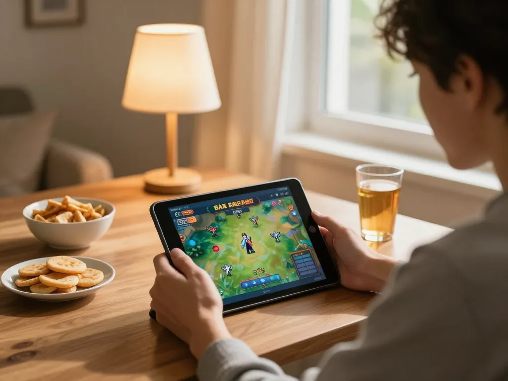 Bắn cá Fabet gameplay on a tablet surrounded by snacks, showcasing a cozy home gaming experience.