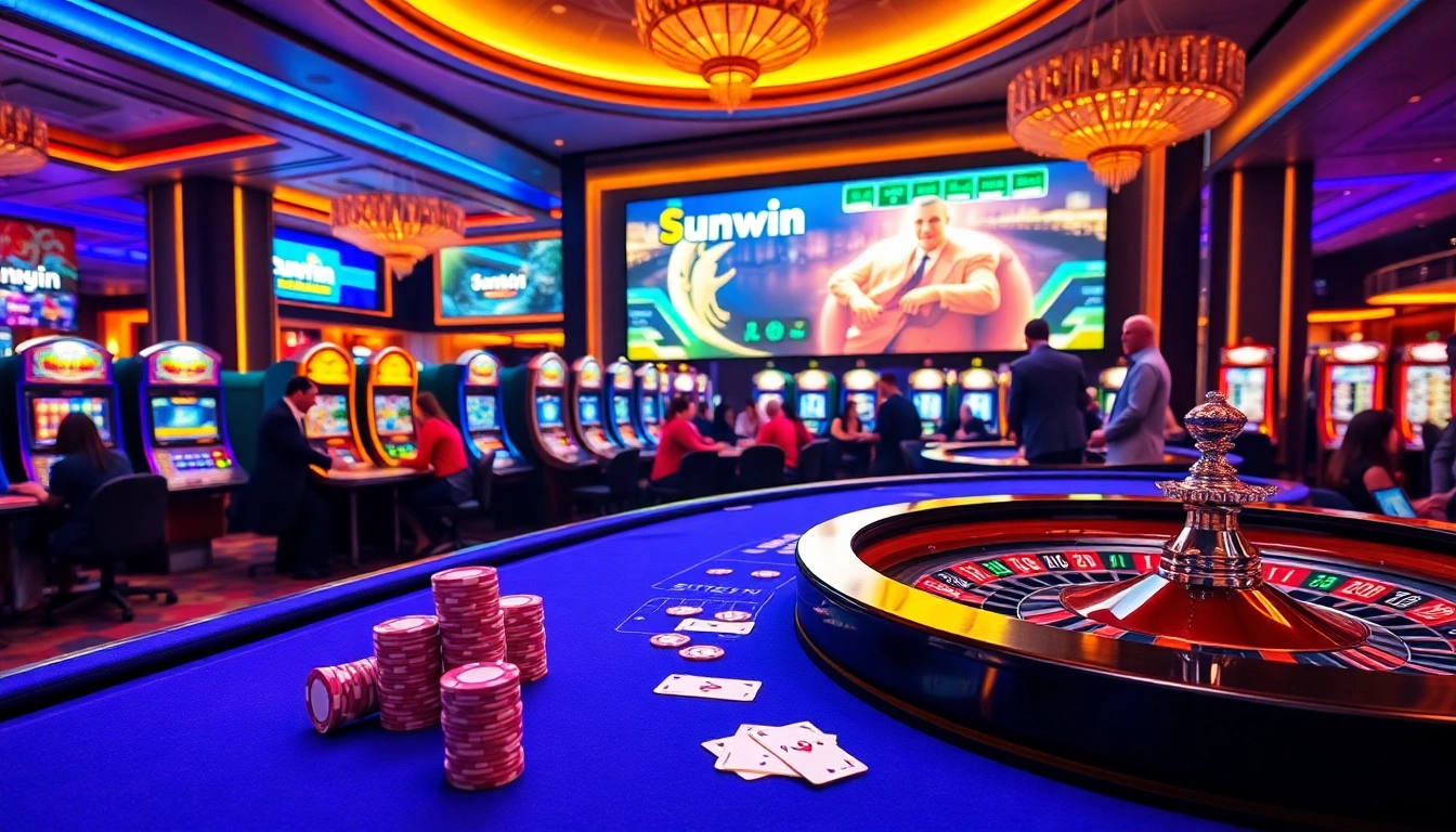 Experience the excitement of Sunwin casino gaming with vibrant poker tables, slot machines, and roulette wheels.