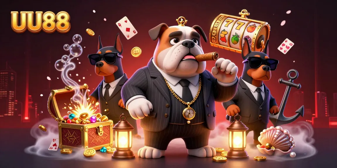 UU88 showcases a vibrant 3D scene of a mafia bulldog and Dobermans surrounded by casino elements for ultimate betting excitement.