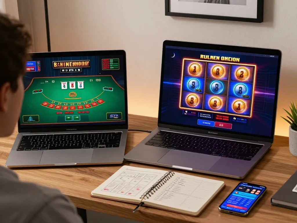 Engaging in online casino gameplay with vua88 on a modern home office setup, showcasing blackjack and slots on screens.