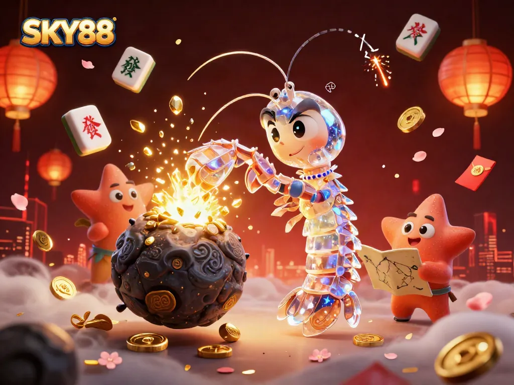 Engage in thrilling gameplay at SKY88, featuring immersive scenes of casino excitement with gems and golden coins.