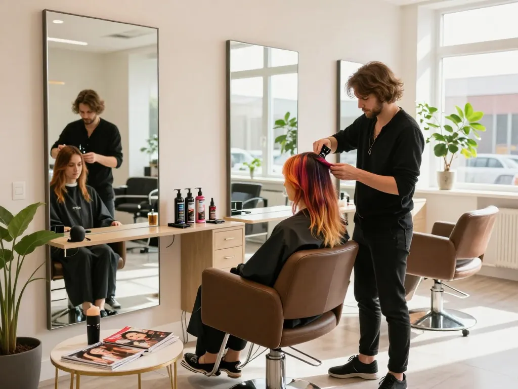 Cliënt ondergaat het haarkleuringproces in een levendige salonsfeer met stijlvol decor.