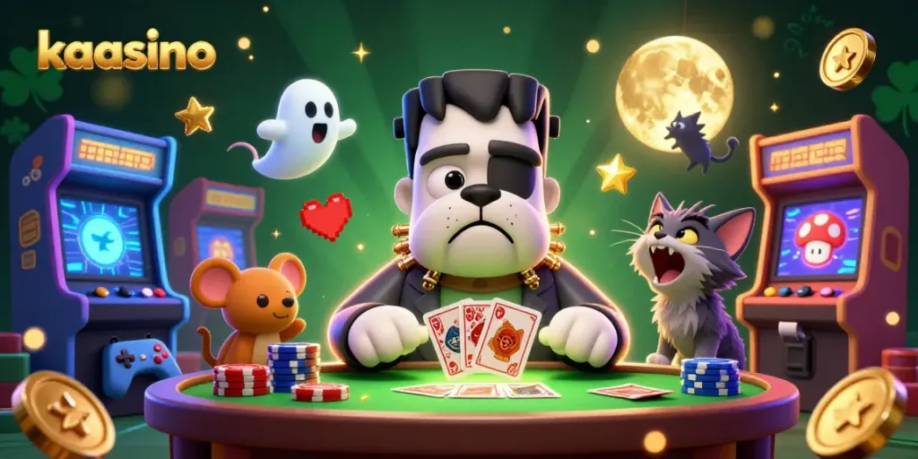 Kaasino engaging scene featuring a cartoon bulldog dealer and ghost mouse amidst colorful casino elements
