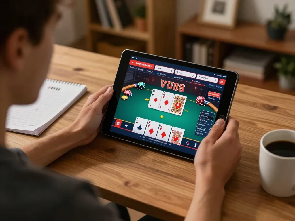 Engaging in VU88 online poker game at home with tablet and strategic notes.