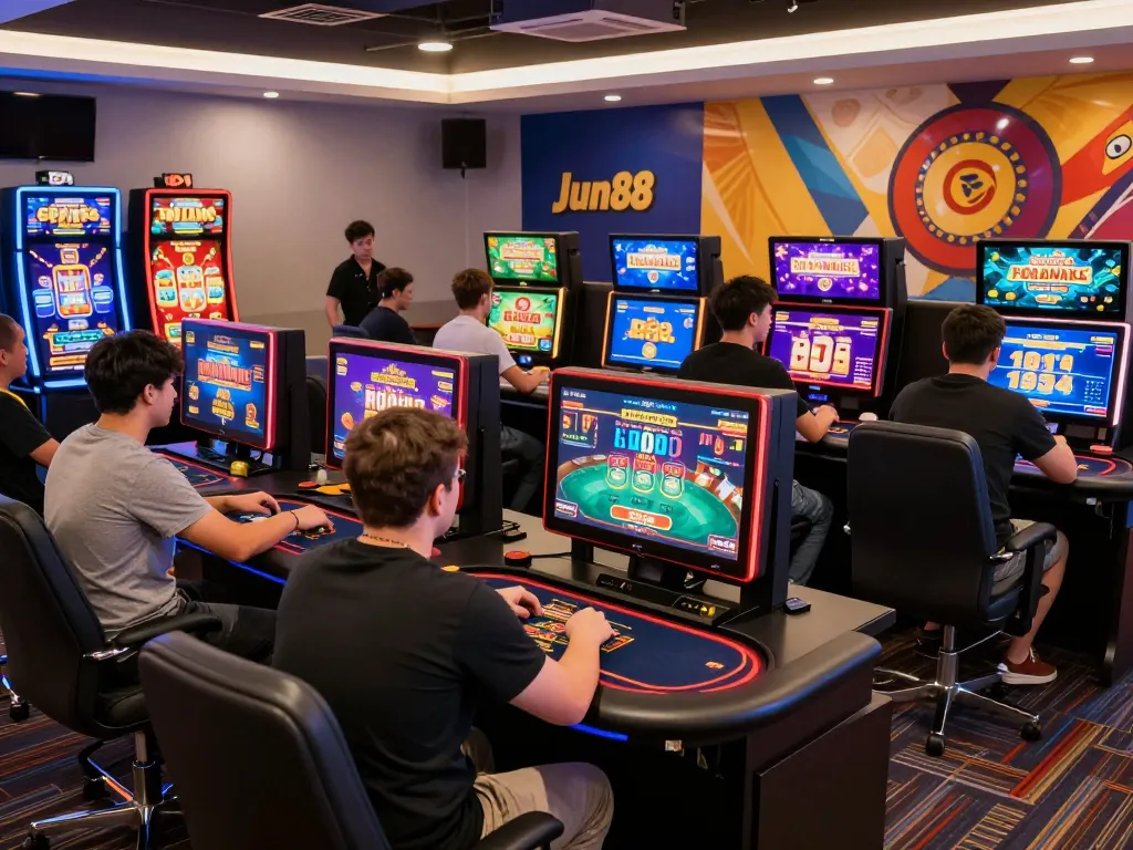 Diverse players enjoying games on jun88pl com in a bright gaming lounge filled with excitement.