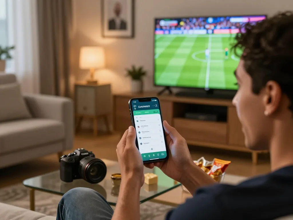 Betting on bola piala dunia 2026 through a smartphone app in a cozy home setting, illustrating excitement and strategy.